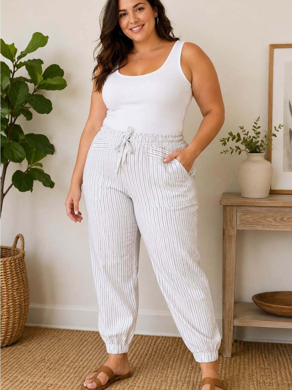 LOFT Outlet Women’s Jogger Pants XL White Cotton Blend Blue Stripes Drawstring